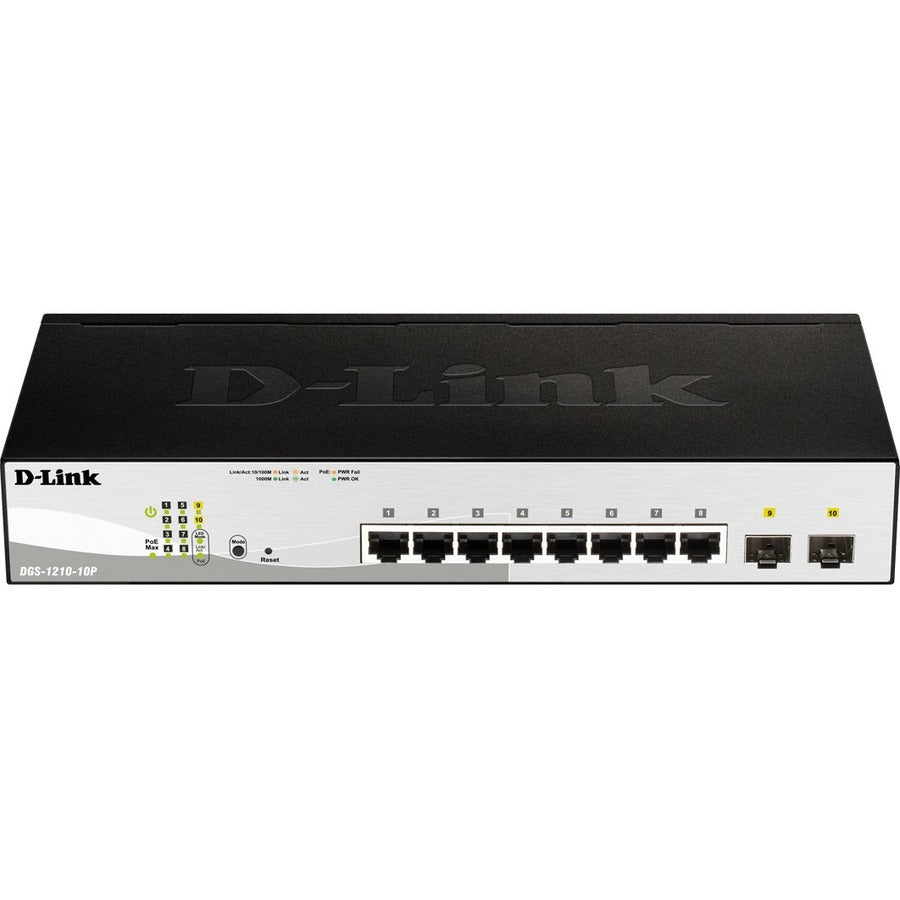 D-Link DGS-1210-10MP Ethernet Switch - 8 Ports - Manageable - Gigabit Ethernet - 1000Base-T, 1000Base-X - 3 Layer Supported - Modular - 2 SFP Slots - Power Supply - Twisted Pair, Optical Fiber - Lifet - DGS-1210-10MP - eCommerce Business Prime