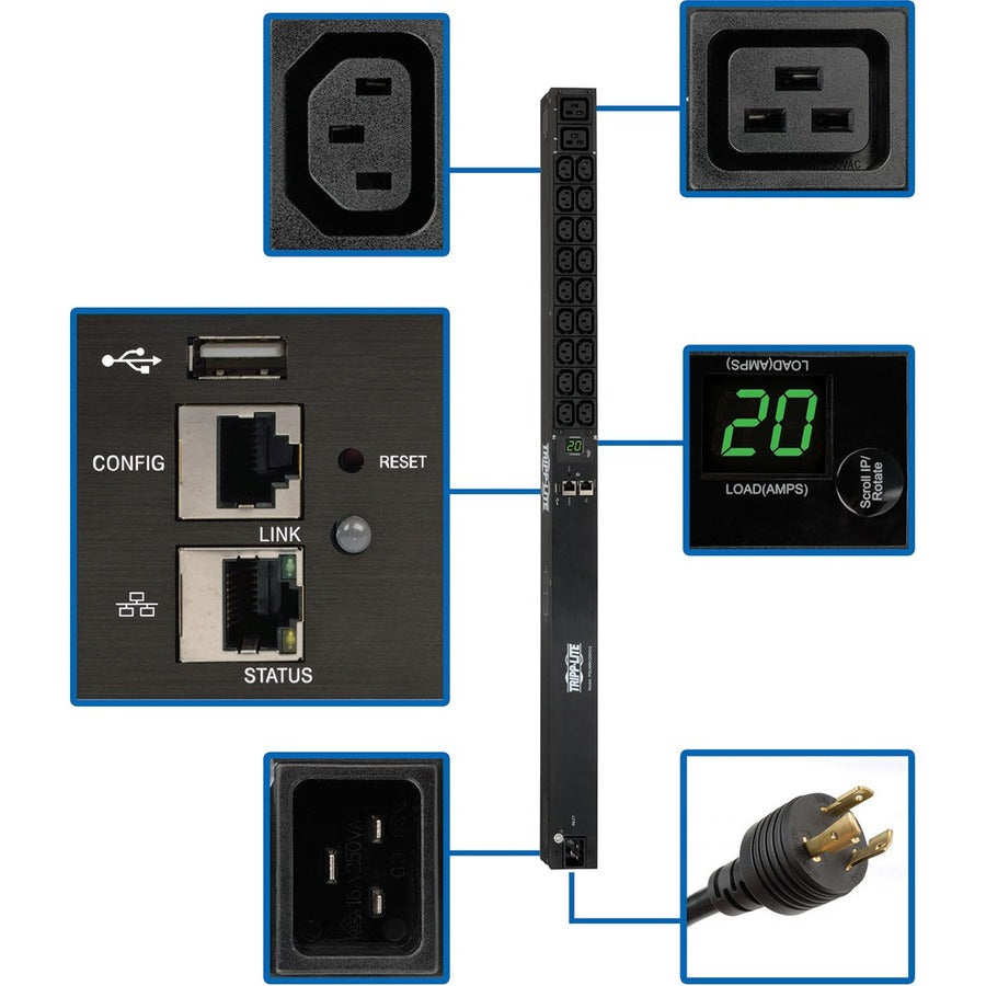 Tripp Lite PDU Monitored 208/230V 20A 18 C13;2 C19 C20/L6-20P LX Interface - Monitored - NEMA L6-20P, IEC 60320 C20 - 2 x IEC 60320 C19, 18 x IEC 60320 C13 - 230 V AC - 0U - Vertical - Rack Mount - Ra - PDUMNV20HV2LX