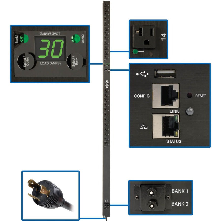 Tripp Lite PDU Switched 120V 30A 24 5-15/20R L5-30P LX Interface 0URM TAA - Switched - NEMA L5-30P - 24 x NEMA 5-15/20R - 120 V AC - 0U - Vertical - Rack Mount - Rack-mountable - TAA Compliant - PDUMVR30NETLX - eCommerce Business Prime