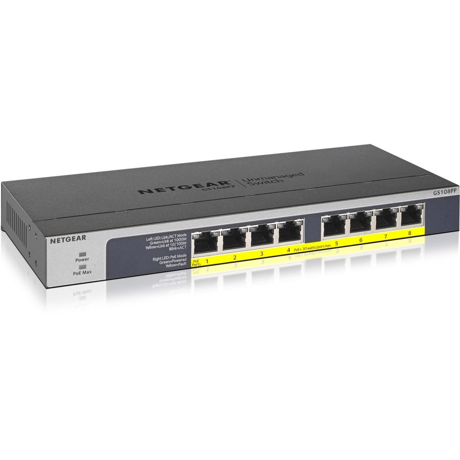 Netgear 8-port Gigabit Ethernet PoE+ Unmanaged Switch (GS108PP) - 8 Ports - 2 Layer Supported - Twisted Pair - Desktop, Wall Mountable, Rack-mountable - Lifetime Limited Warranty - GS108PP-100NAS - eCommerce Business Prime