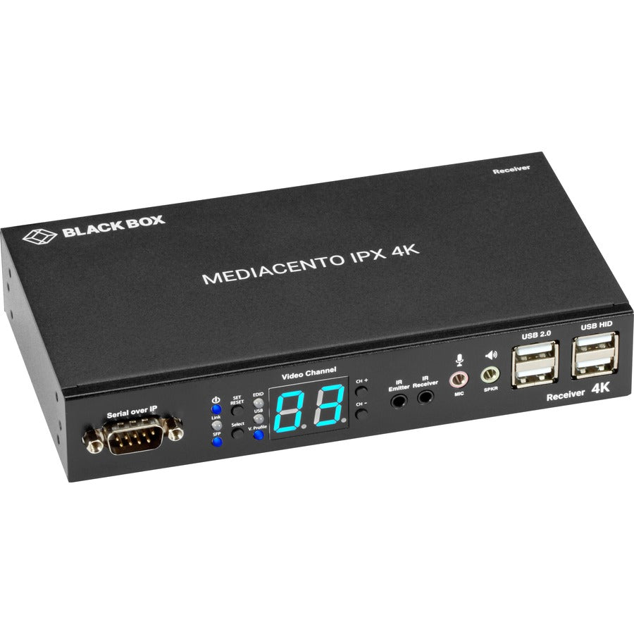 Black Box MediaCento IPX 4K Receiver - HDMI, USB, Serial, IR, Audio - 1 Computer(s) - 1 Remote User(s) - 328.08 ft Range - 4K - 4096 x 2160 Maximum Video Resolution - 1 x Network (RJ-45) - 4 x USB - 1 - VX-HDMI-4KIP-RX - eCommerce Business Prime