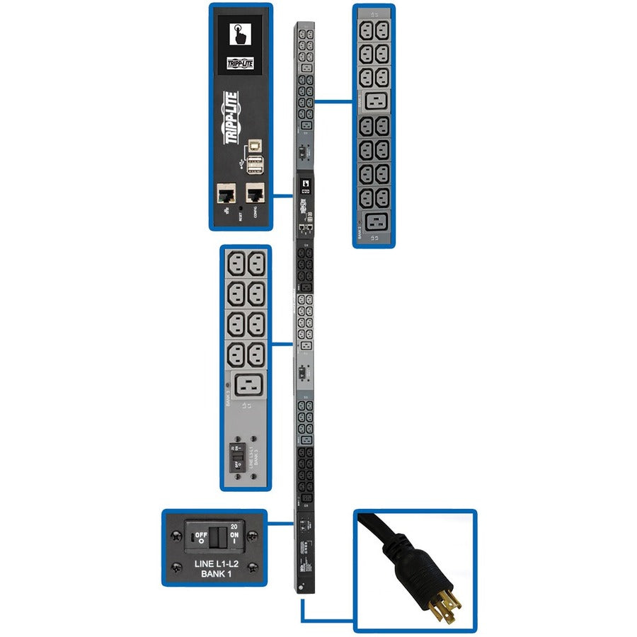 Tripp Lite 3-Phase PDU Monitored 10kW 200/208/240V 42 C13; 6 C19; L15-30P - Monitored - NEMA L15-30P - 6 x IEC 60320 C19, 42 x IEC 60320 C13 - 230 V AC - Network (RJ-45) - 0U - Vertical - MountRack-mo - PDU3EVN6L1530B - eCommerce Business Prime