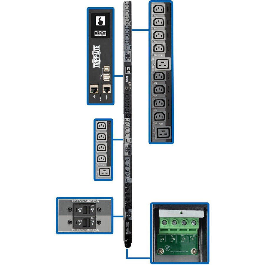 Tripp Lite 3-Phase PDU Switched 28.8kW 220-240V 24 C13 6 C19 Touchscreen 0U - Switched - Hardwired - 6 x IEC 60320 C19, 24 x IEC 60320 C13 - 380 V AC, 400 V AC, 415 V AC - 0U - Vertical - Rack Mount -...  - PDU3XEVSRHWB - eCommerce Business Prime