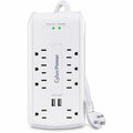 CyberPower P806U Home Office 8 - Outlet Surge with 2700 J - 6 ft, NEMA 5-15P, 15 Amp, 2 - 2.4 Amps (Shared) USB, EMI/RFI Filtration, White, RG6 Coaxial Protection, Lifetime Warranty - P806U - eCommerce Business Prime