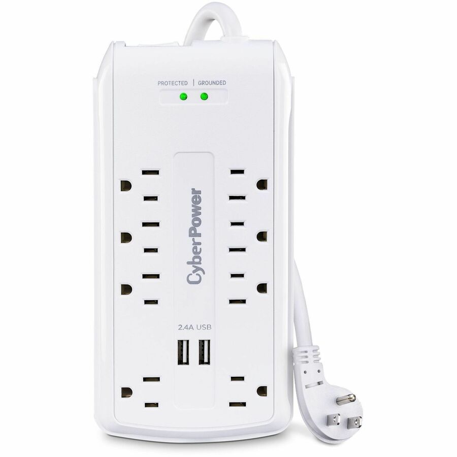 CyberPower P806U Home Office 8 - Outlet Surge with 2700 J - 6 ft, NEMA 5-15P, 15 Amp, 2 - 2.4 Amps (Shared) USB, EMI/RFI Filtration, White, RG6 Coaxial Protection, Lifetime Warranty - P806U - eCommerce Business Prime