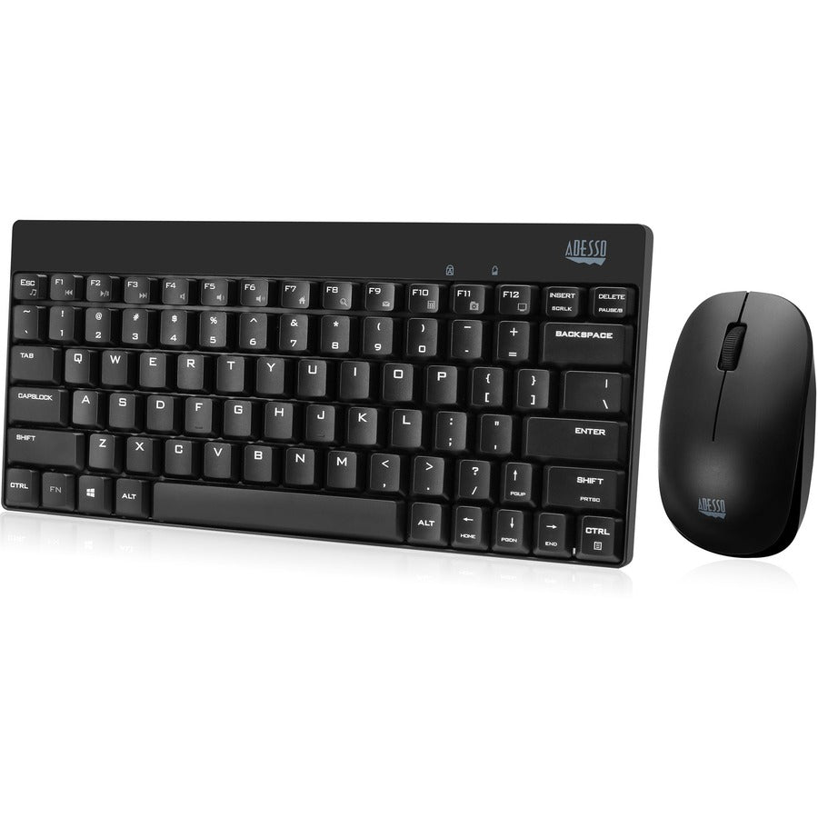 Adesso WKB-1100CB - Wireless Spill Resistant Mini Keyboard &amp; Mouse Combo - USB Membrane Wireless RF Keyboard - 79 Key - English (US) - Black - USB Wireless RF Mouse - Optical - 1200 dpi - Scroll W - WKB-1100CB - eCommerce Business Prime