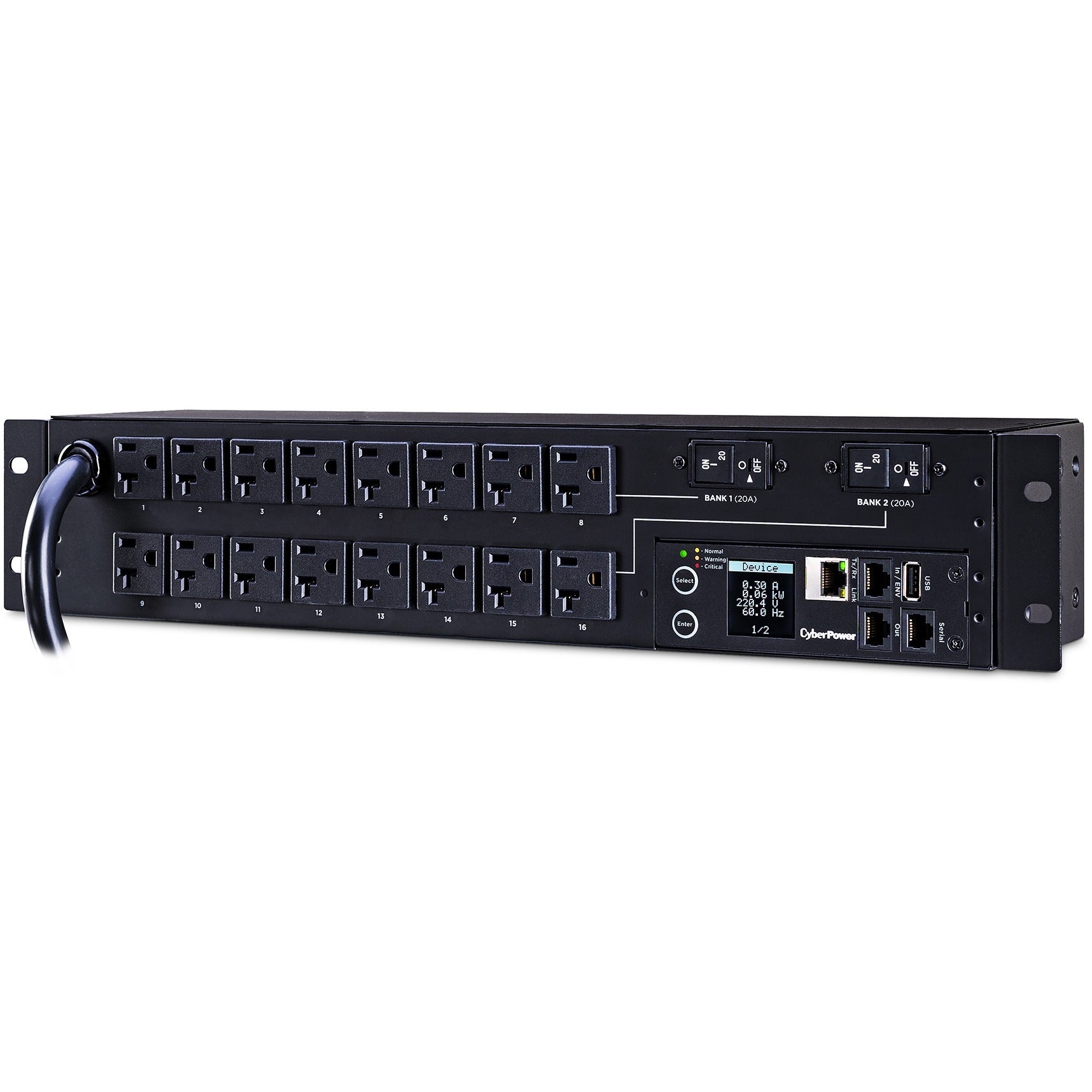 CyberPower PDU31003 100 - 120 VAC 30A Monitored PDU - 16 Outlets, 12 ft, NEMA L5-30P, Horizontal, 2U, LCD, 3YR Warranty - PDU31003 - eCommerce Business Prime