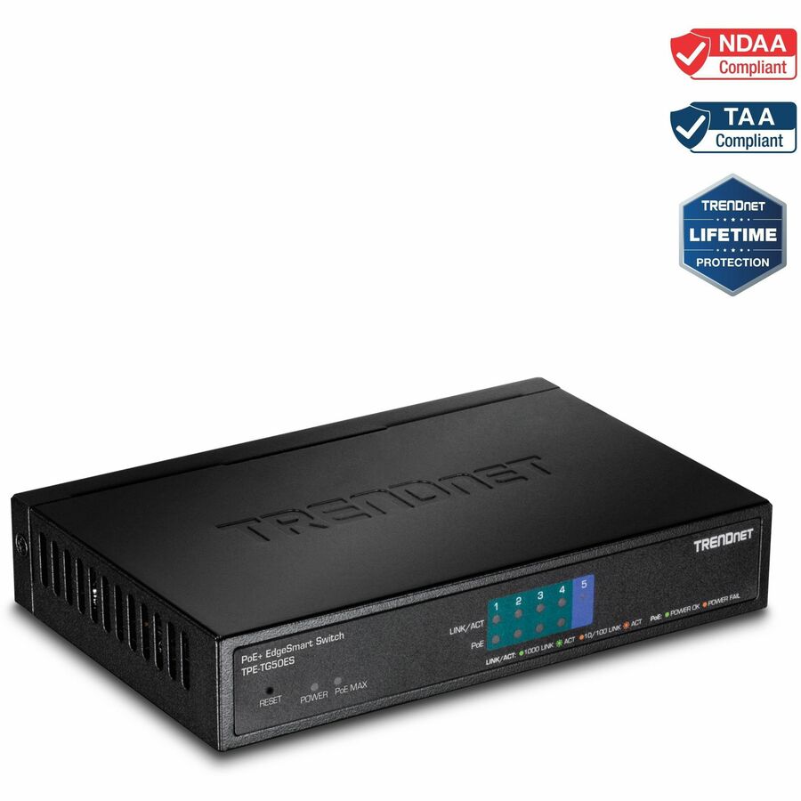 TRENDnet 5-Port Gigabit EdgeSmart PoE+ Switch, 4 x Gigabit PoE+ Ports, 1x Gigabit Port, 31W PoE Power Budget, Managed PoE+ Switch, Wall mountable, Lifetime Protection, Black, TPE-TG50ES - 5-Port Gigab...  - TPE-TG50ES - eCommerce Business Prime