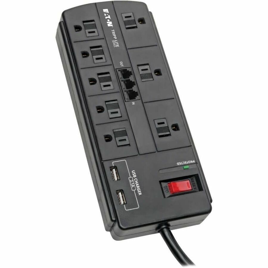 Tripp Lite Surge Protector 8-Outlet 2 USB Charging Ports Tel/Modem 8ft Cord - 8 x NEMA 5-15R, 2 x USB - 1875 VA - 1200 J - 120 V AC Input - Fax/Modem/Phone - TLP88TUSBB - eCommerce Business Prime