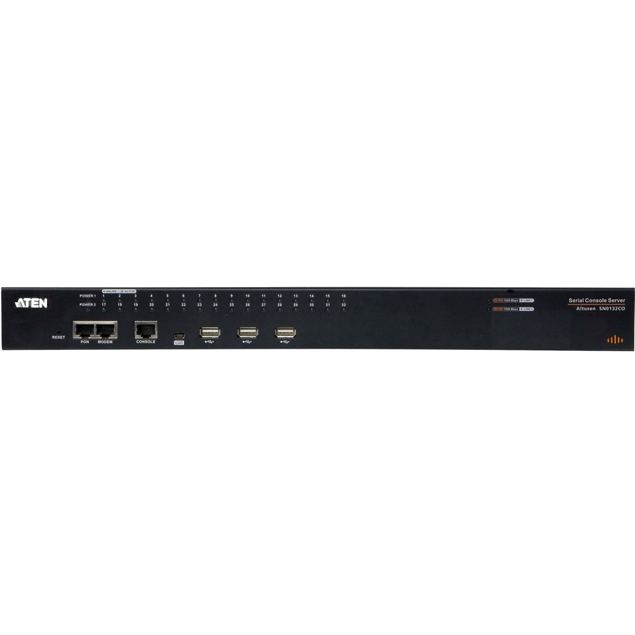 ATEN 32-Port Serial Console Server with Dual Power/LAN - Twisted Pair - 2 x Network (RJ-45) x USB - 32 x Serial Port - 10/100/1000Base-T - Gigabit Ethernet - Rack-mountable, Desktop - SN0132CO - eCommerce Business Prime