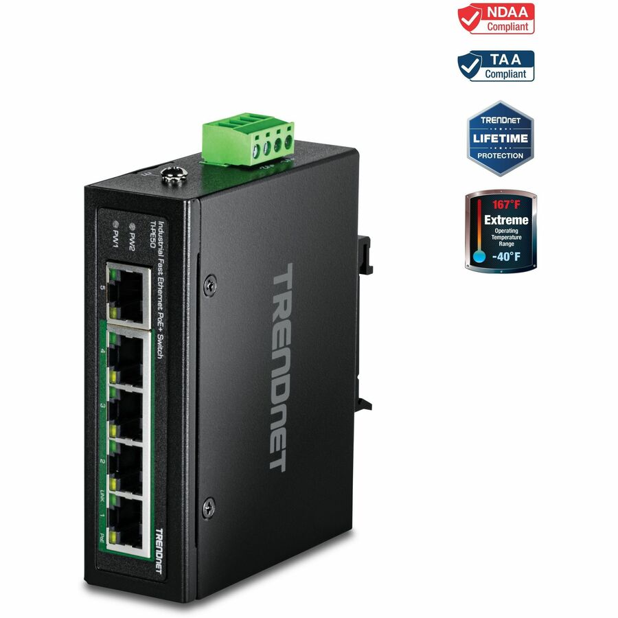 TRENDnet 5-Port Industrial Fast Ethernet DIN-Rail Switch, 4 x Fast Ethernet PoE+ Ports, 1 x Fast Ethernet Port, 90W PoE Power Budget, DIN-Rail, IP30 Rated, Lifetime Protection, Black, TI-PE50 - 5-Port...  - TI-PE50 - eCommerce Business Prime