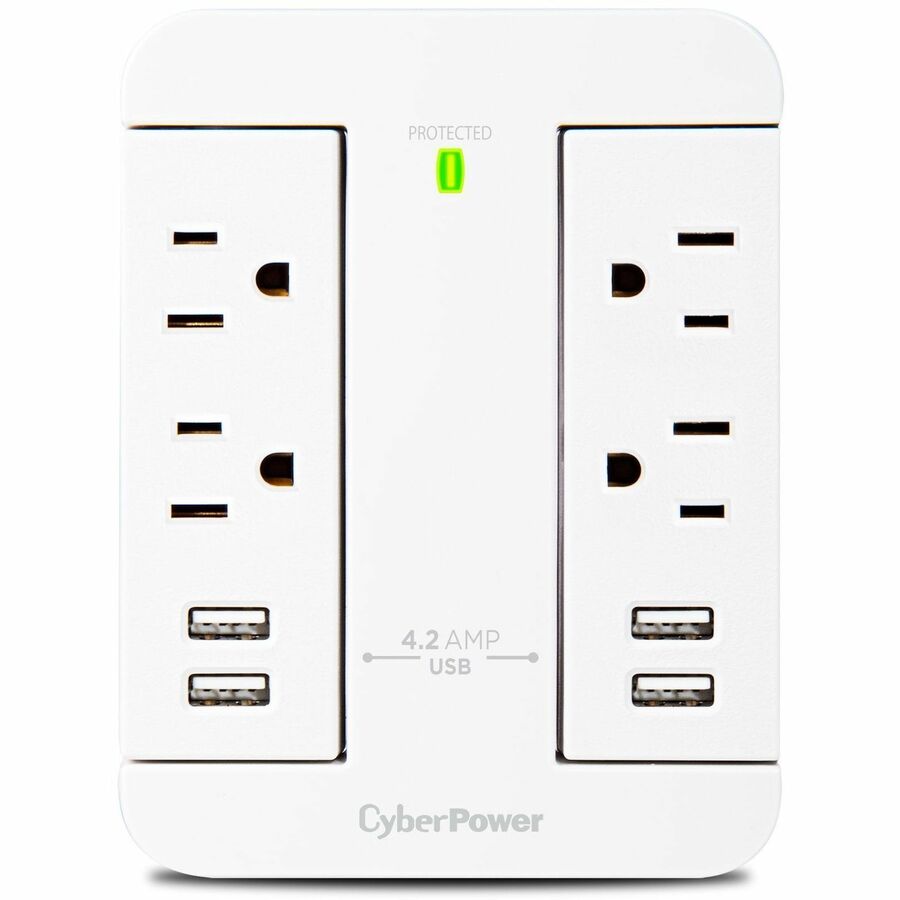 CyberPower GP400U4AWH Home Office - Outlet Surge with 500 J - Clamping Voltage 800V, NEMA 5-15P, Wall Tap, 4 - 4.2 Amps (Shared) USB, EMI/RFI Filtration, White, 1YR Warranty - GP400U4AWH