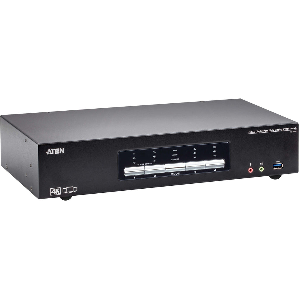 ATEN 4-Port USB3.0 4K DisplayPort Triple Display KVMP Switch - 4 Computer(s) - 4096 x 2160 - 1 x Network (RJ-45) - 8 x USB - 15 x DisplayPort - CS1964 - eCommerce Business Prime
