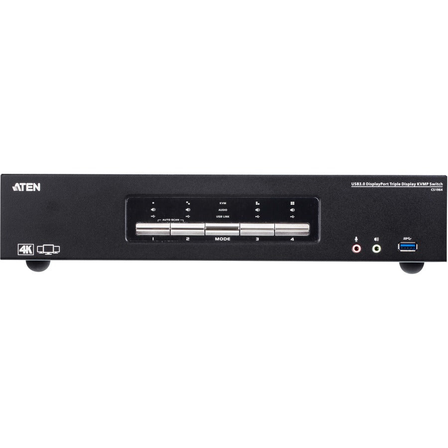 ATEN 4-Port USB3.0 4K DisplayPort Triple Display KVMP Switch - 4 Computer(s) - 4096 x 2160 - 1 x Network (RJ-45) - 8 x USB - 15 x DisplayPort - CS1964 - eCommerce Business Prime
