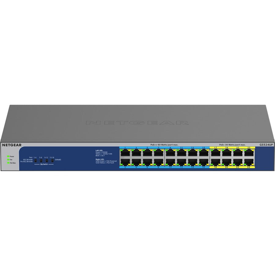 Netgear GS524UP Ethernet Switch - 24 Ports - 2 Layer Supported - 578.80 W Power Consumption - 480 W PoE Budget - Twisted Pair - PoE Ports - Desktop, Rack-mountable - Lifetime Limited Warranty - GS524UP-100NAS - eCommerce Business Prime