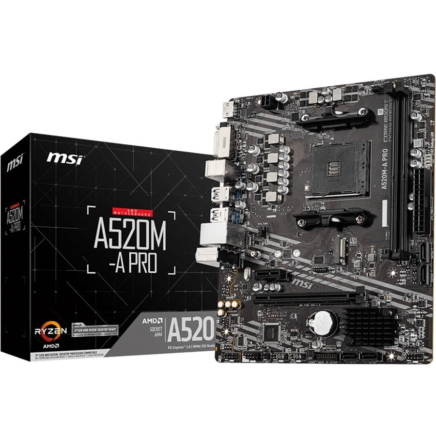 MSI A520M-A PRO Desktop Motherboard - AMD A520 Chipset - Socket AM4 - Micro ATX - 64 GB DDR4 SDRAM Maximum RAM - DIMM, UDIMM - 2 x Memory Slots - Gigabit Ethernet - HDMI - 4 x SATA Interfaces - A520MAPRO - eCommerce Business Prime