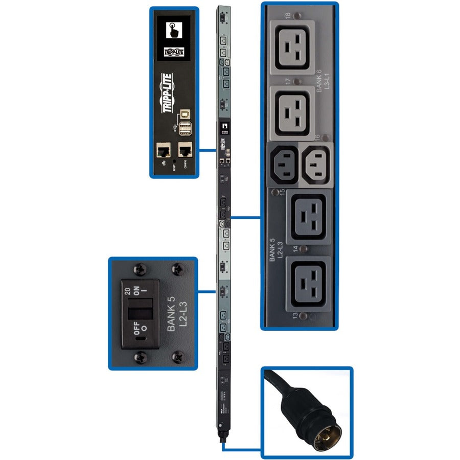 Tripp Lite PDU 3-Phase Monitored 6 C13 12 C19 208V 50A 14.4kW 0URM TAA - Monitored - Hubbel CS8365C 50A - 6 x IEC 60320 C13, 12 x IEC 60320 C19 - 230 V AC - Network (RJ-45) - 0U - Vertical/Toolless - ...  - PDU3EVNR6H50A - eCommerce Business Prime