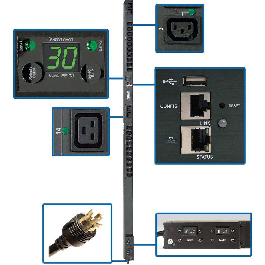 Tripp Lite PDU Monitored 24 Outlets 208/240V 5.8kW LX Platform L6-30P 0URM - Monitored - NEMA L6-30P - 20 x IEC 60320 C13, 4 x IEC 60320 C19 - 230 V AC - Network (RJ-45) - 0U - Vertical/Toolless - Rac...  - PDUNVR30HVLX - eCommerce Business Prime