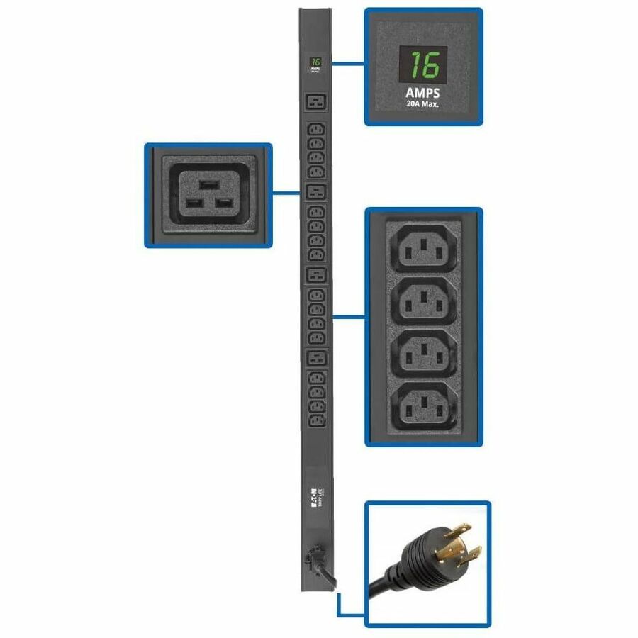 Tripp Lite PDU Metered 16 C13 4 C19 3.2/3.8kW 208/240V C20/L6-20P 10ft Cord - Metered - NEMA L6-20P, IEC 60320 C20 - 16 x IEC 60320 C13, 4 x IEC 60320 C19 - 230 V AC - 0U - Vertical/Toolless - Rack-mo...  - PDUMV20HV-36 - eCommerce Business Prime
