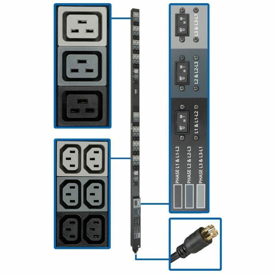 Tripp Lite PDU 3-Phase Basic 208/120V 8.6kW 36 C13 6 C19 6 5-15/20R 70in 0U - Basic - NEMA L21-30P - 36 x IEC 60320 C13, 6 x IEC 60320 C19, 6 x NEMA 5-15/20R - 230 V AC - 0U - Vertical/Toolless - Rack...  - PDU3V6L2130 - eCommerce Business Prime