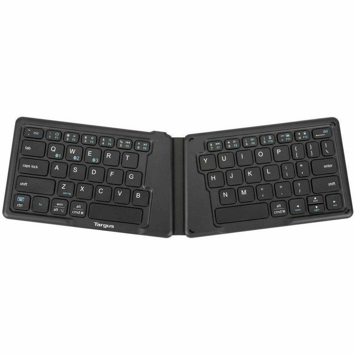 Targus Ergonomic Foldable Bluetooth Antimicrobial Keyboard - Wireless Connectivity - Bluetooth/RF - 2.40 GHz - English (US) - QWERTY Layout - iPad, iPhone, Desktop Computer, MAC - PC, Mac - Black - AKF003US - eCommerce Business Prime