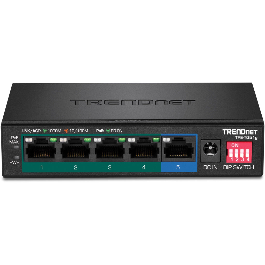 TRENDnet 5-Port Gigabit PoE+ Switch, Camera DIP Switch extends PoE+ 200m (656 ft.), 60W PoE Budget, Black, TPE-TG51g - 5 Ports - Gigabit Ethernet - 1000Base-T - 2 Layer Supported - Power Adapter - 64....  - TPE-TG51G - eCommerce Business Prime