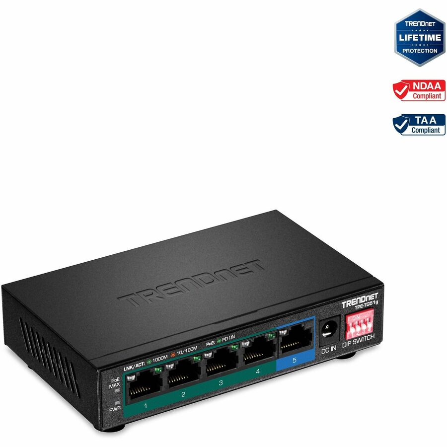 TRENDnet 5-Port Gigabit PoE+ Switch, Camera DIP Switch extends PoE+ 200m (656 ft.), 60W PoE Budget, Black, TPE-TG51g - 5 Ports - Gigabit Ethernet - 1000Base-T - 2 Layer Supported - Power Adapter - 64....  - TPE-TG51G - eCommerce Business Prime