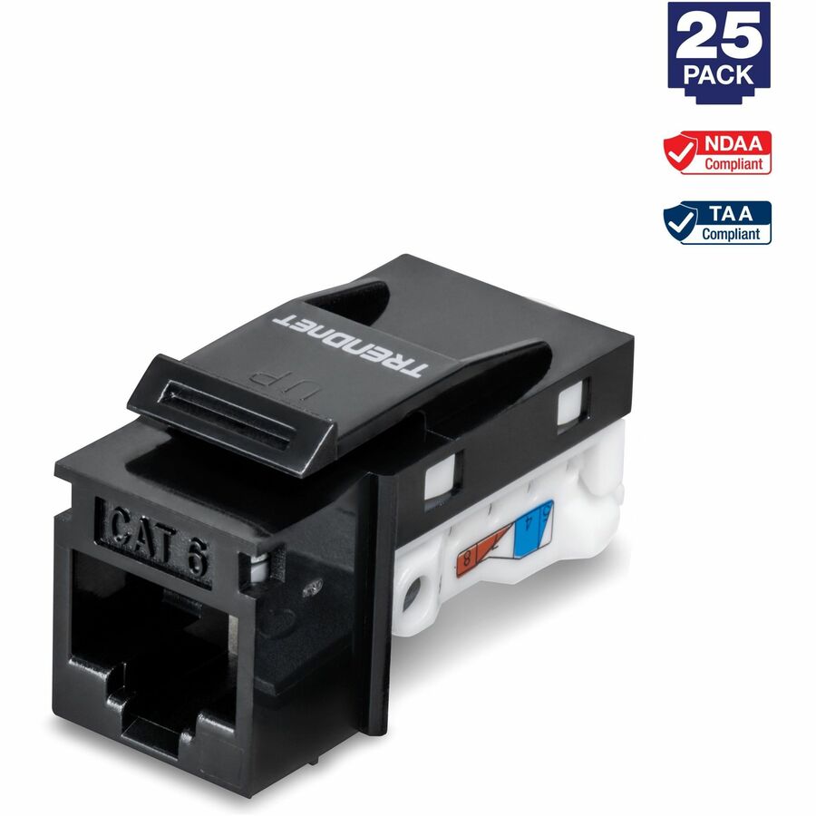TRENDnet Cat6 Keystone Jack, 25-Pack Bundle, 90&deg; Angle Termination, Compatible with Cat5, Cat5e, & Cat6 Cabling, Color-Coded Labeling for T568B Wiring, Gold-Plated Contacts, Black, TC-K25C6BK - 25 - TC-K25C6BK - eCommerce Business Prime