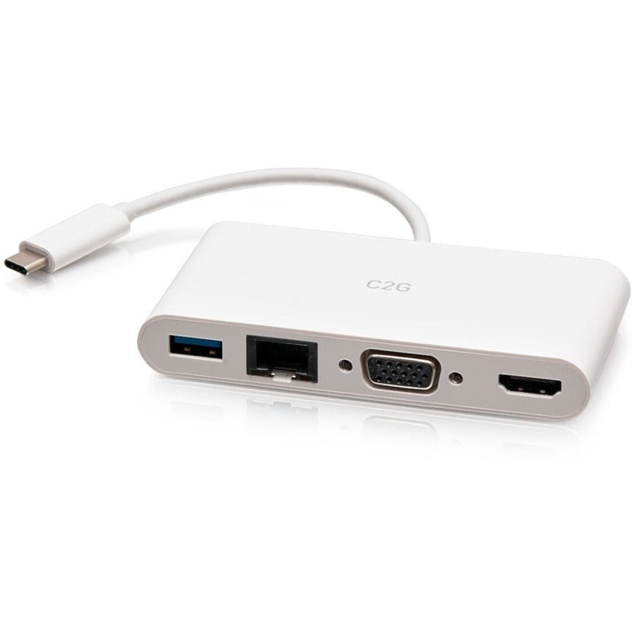 C2G USB C to HDMI, VGA, USB A & RJ45 Adapter - 4K 30Hz - White - for Notebook/Tablet PC - USB 3.1 Type C - 4K, Full HD - 3840 x 2160, 1920 x 1200 - 1 x USB 3.0 - USB Type-A - USB Type-C - 1 x RJ-45 Po...  - C2G29829 - eCommerce Business Prime