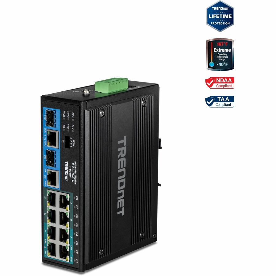 TRENDnet 10-Port Hardened Industrial Unmanaged Gigabit PoE ++ DIN-Rail Switch, 4 Gigabit PoE++ Ports, 4 Gigabit PoE+, 2 Gigabit Share Ports SFP or RJ-45, 360W Power Budget, Black, TI-BG104 - 10 Ports ...  - TI-BG104 - eCommerce Business Prime