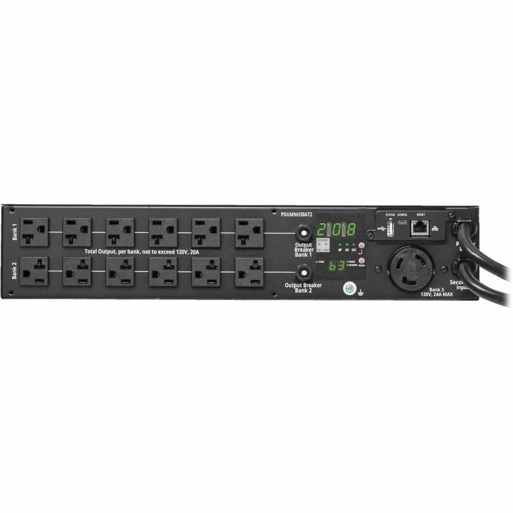 Tripp Lite 2.9kW 120V Single-Phase ATS/Monitored PDU - 24 5-15/20R & 1 L5-30R Outlets, Dual L5-30P Inputs, 10 ft. Cords, 2U, TAA - Monitored - NEMA L5-30P - 24 x NEMA 5-15/20R, 1 x NEMA L5-30R - 120 V - PDUMNH30AT2 - eCommerce Business Prime