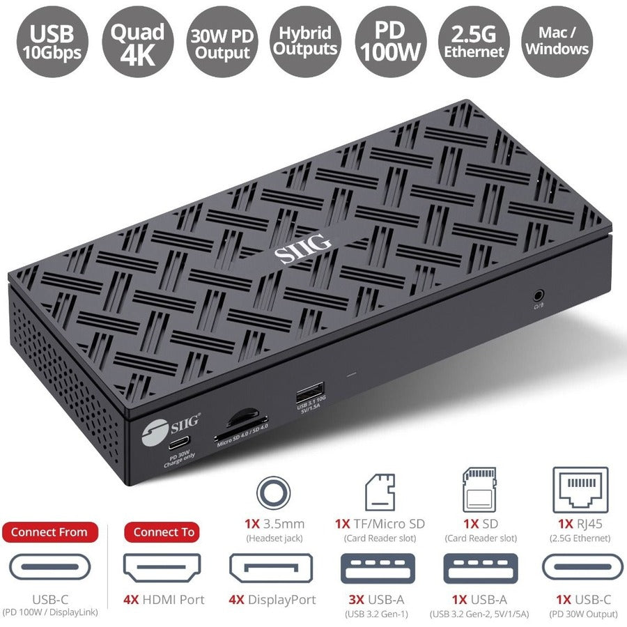 SIIG USB-C Quad Hybrid 4K Video Docking Station with 100W PD - USB-C to HDMI or DisplayPort - USB 10Gbps Data Transmission - 2.5G Ethernet - eCommerce Business Prime