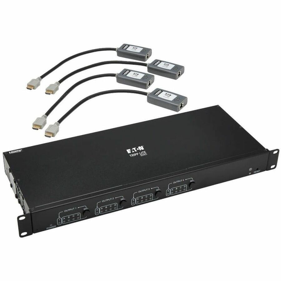Tripp Lite 4x4 HDMI over Cat6 Matrix Switch Kit, Switch/4x Pigtail Receivers - 4K 60 Hz, HDR, 4:4:4, PoC, 230 ft. (70.1 m), TAA - 3840 × 2160 - 4K - Twisted Pair - 4 x 4 - Display, Blu-ray Disc Player, Media Center, Set-top Box, Projector - TAA Compliant EATON