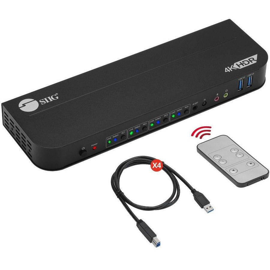 SIIG 4x1 HDMI 4K HDR KVM USB 3.0 Switch with Remote Control - Allows you to control 4 HDMI 4K computers using one keyboard and mouse - HDMI 4K@60, USB 3.0 ports, 3.5mm Phone & Mic Jacks, Switch Button, Hotkeys, Remote Control - eCommerce Business Prime