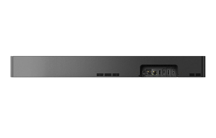 Back view of a black electronic device on a white background