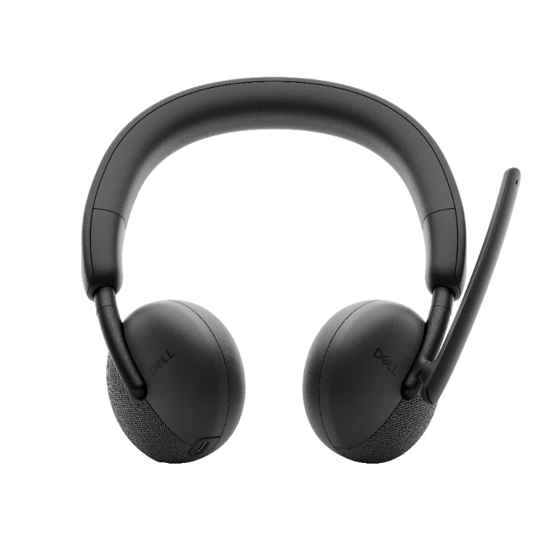 Black wireless earbuds with a microphone on a white background