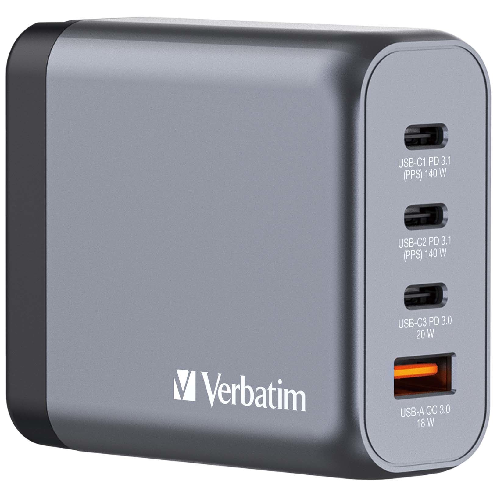 Verbatim GNC-140 GaN Charger 140W with 2 x USB-C PD 140W / 1 x USB-C PD 20W / 1 x USB-A QC 3.0 (EU/UK/US) - 32203 - eCommerce Business Prime