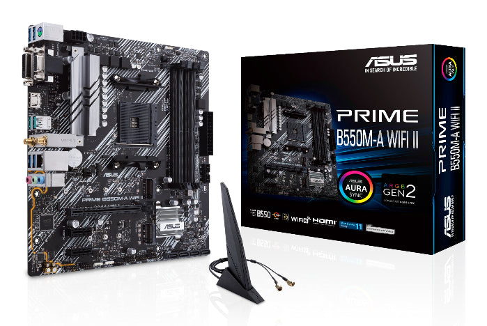 Asus Prime B550M-A WiFi II motherboard and its packaging on a white background