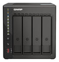 QNAP network-attached storage device with four drive bays on a white background