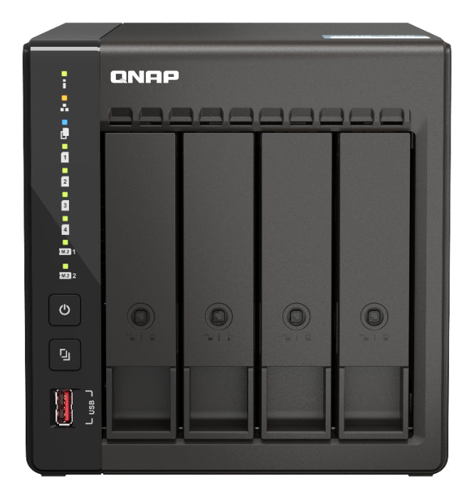 QNAP network-attached storage device with four drive bays on a white background