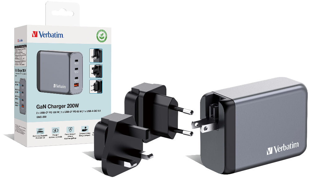 Verbatim GaN charger 200W with packaging on a white background