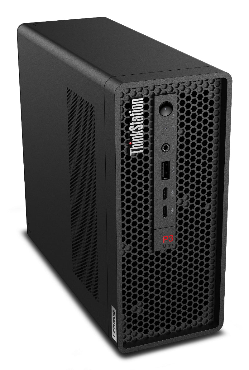 Black Lenovo ThinkStation computer tower on a white background