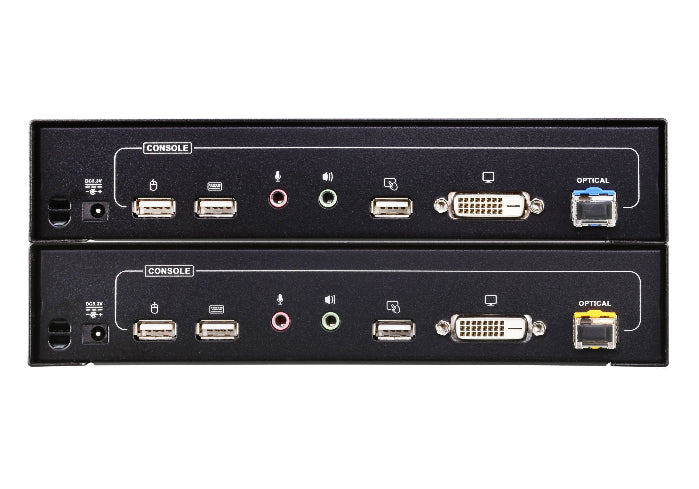 Two black electronic devices with various ports on a white background