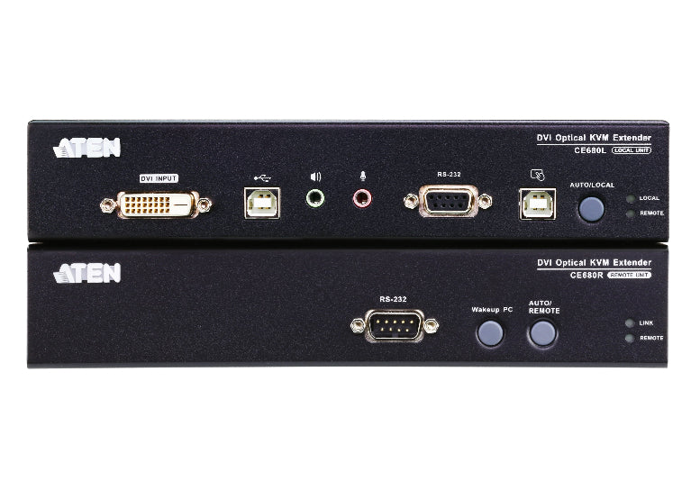 Two ATEN DVI optical KVM extenders on a white background