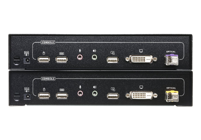 Two black electronic devices with various ports on a white background