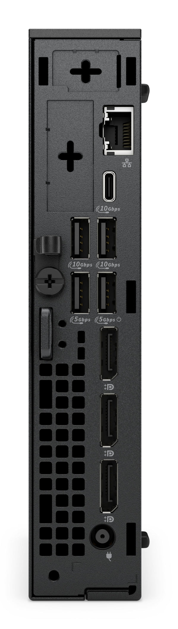Back view of a gaming console with ports and labels on a white background