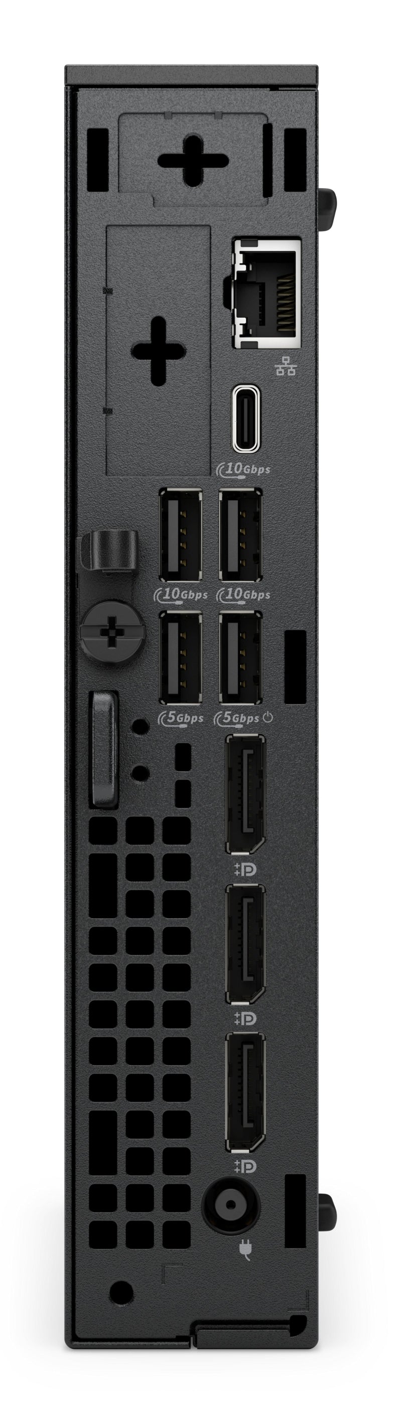 Back view of a gaming console with ports and connectors on a white background