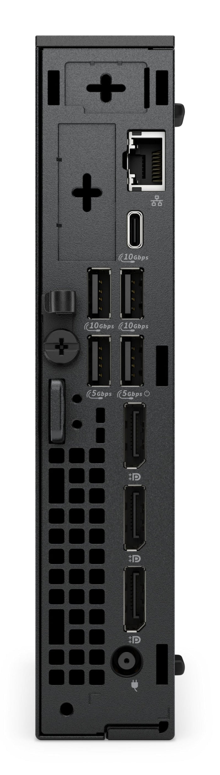 Back view of a gaming console with ports and connectors on a white background
