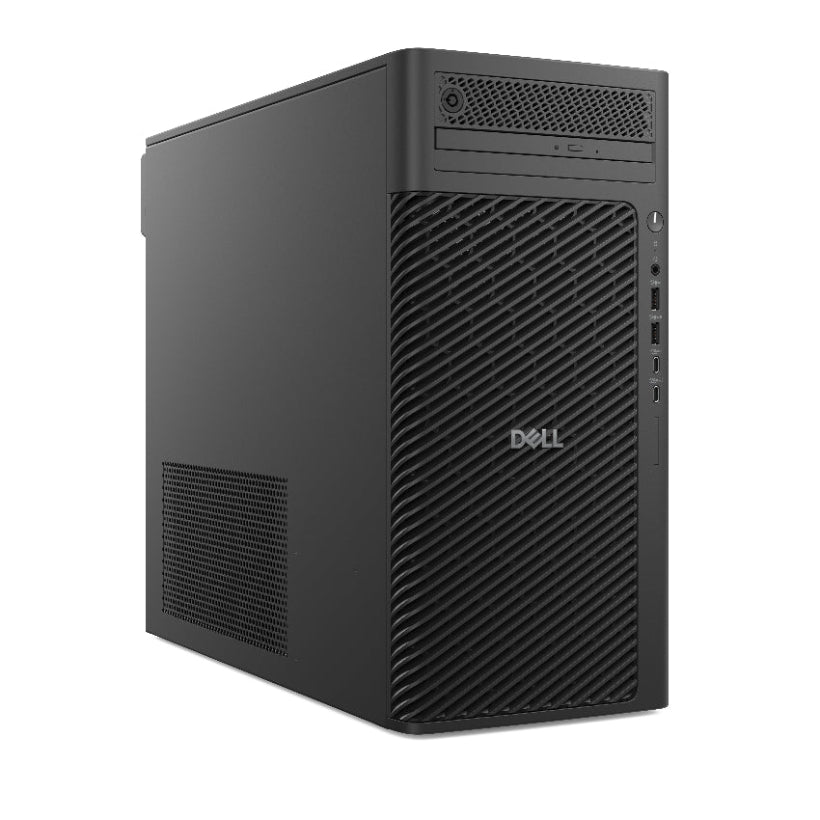 Black Dell computer tower on a white background
