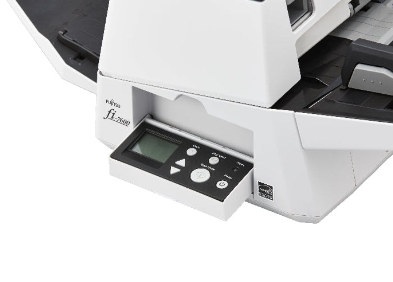 Close-up of a white and black printer with control panel on a white background